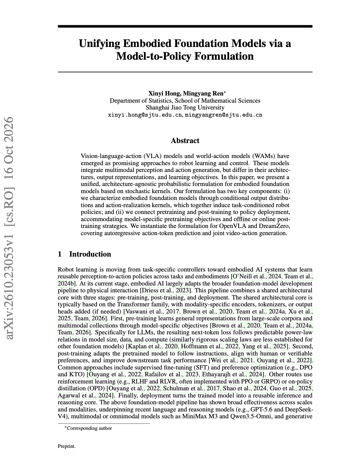 First page of Unifying Embodied Foundation Models via a Model-to-Policy Formulation